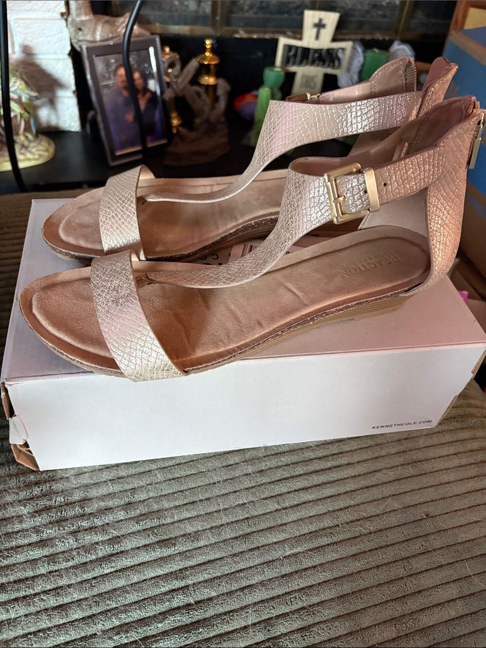Wedge T-Strap Sandals in Light Beige by Reaction - Picture 2 of 6